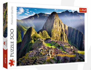 Trefl jigsaw puzzle featuring a stunning view of the Historic Sanctuary of Machu Picchu. The puzzle contains 500 pieces and displays the ancient ruins set against lush green mountains and a blue sky, perfect for puzzle enthusiasts and travel lovers alike.