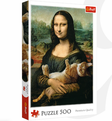 A jigsaw puzzle box featuring a whimsical artwork combining the famous Mona Lisa painting with a playful orange tabby cat. The box displays the title 'Mona Lisa and a Purring Kitty' by Trefl and highlights that it consists of 500 pieces, showcasing premium quality.