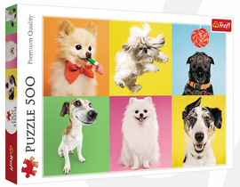 Trefl 500-piece jigsaw puzzle featuring adorable dogs against colorful backgrounds. Includes playful portraits of various dog breeds, showcasing their fun personalities.