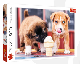 A vibrant jigsaw puzzle titled 'Ice Cream Time!' by Trefl featuring two adorable puppies—one brown with black markings and the other light brown with blue eyes—curiously investigating a cone of ice cream. The setting is colorful, capturing a delightful, playful moment perfect for animal lovers and puzzle enthusiasts.