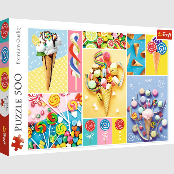 Trefl's Favorite Sweets jigsaw puzzle box showcasing a colorful arrangement of various sweets, including ice cream cones, candies, macarons, and lollipops, designed with a vibrant and playful aesthetic.