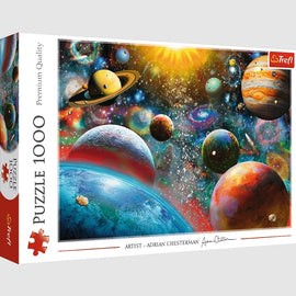 Trefl Cosmos jigsaw puzzle featuring a stunning space scene filled with planets, stars, and galaxies. The puzzle contains 1000 pieces and showcases vibrant colors and intricate details, making it a beautiful and challenging activity for puzzle enthusiasts.