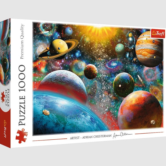 Trefl Cosmos jigsaw puzzle featuring a stunning space scene filled with planets, stars, and galaxies. The puzzle contains 1000 pieces and showcases vibrant colors and intricate details, making it a beautiful and challenging activity for puzzle enthusiasts.