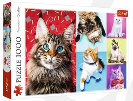 A colorful jigsaw puzzle box titled 'Happy Cats' by Trefl, featuring vibrant images of various cats with expressive faces, showcasing their playful personalities and unique fur patterns. The puzzle includes 1000 pieces and highlights the premium quality of the puzzle design.