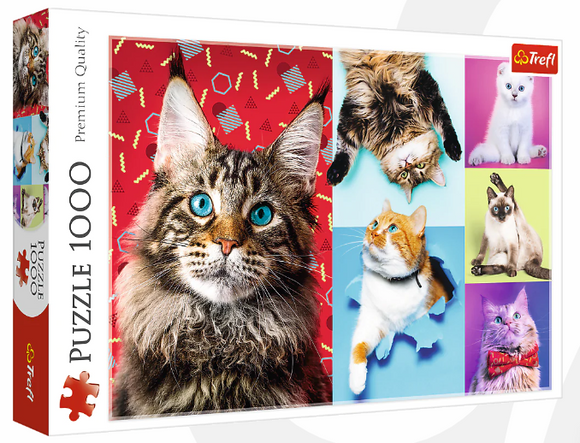 A colorful jigsaw puzzle box titled 'Happy Cats' by Trefl, featuring vibrant images of various cats with expressive faces, showcasing their playful personalities and unique fur patterns. The puzzle includes 1000 pieces and highlights the premium quality of the puzzle design.
