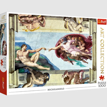 The Creation of Adam jigsaw puzzle by Trefl, featuring Michelangelo's iconic painting. The puzzle box displays vibrant artwork depicting the biblical creation scene, with intricate details of figures and vivid colors. This 1000-piece puzzle is part of the Art Collection series, perfect for art lovers and puzzle enthusiasts.