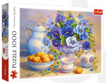 The Blue Bouquet jigsaw puzzle by Trefl features a beautiful arrangement of blue pansies in an ornate vase alongside peaches in a bowl, a ceramic teapot, and decorative cups, showcasing vibrant colors and intricate details, perfect for puzzle enthusiasts.