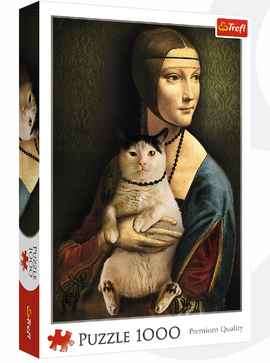 A visually captivating jigsaw puzzle box featuring an artistic representation of a lady holding a fluffy cat. The lady is adorned with a pearl necklace and wearing a traditional gown, while the cat appears relaxed and fluffy. The background displays intricate textures, enhancing the elegant presentation of the artwork. The box states 'Puzzle 1000 Premium Quality' by Trefl, indicating it consists of 1000 pieces, suitable for puzzle enthusiasts seeking a rewarding challenge.