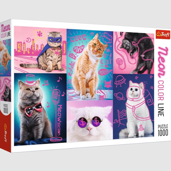 Super Cats Jigsaw Puzzle by Trefl featuring vibrant illustrations of cats in various fun poses. Each cat is surrounded by colorful backgrounds with playful graphics, including musical notes and cartoon elements. Suitable for puzzle enthusiasts who love cute cats, this 1000-piece jigsaw puzzle is a delightful and engaging activity.