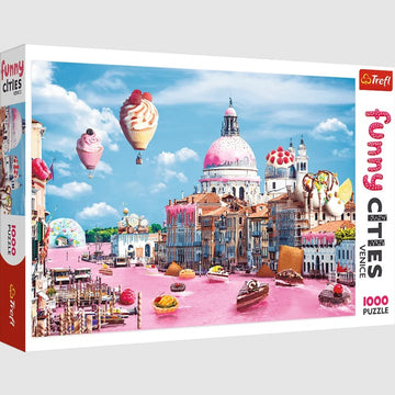 Trefl jigsaw puzzle titled 'Sweets in Venice Funny Cities' featuring a colorful, whimsical depiction of Venice with floating desserts and a vibrant pink canal. The puzzle has 1000 pieces and showcases iconic buildings with delicious sweets like cupcakes and pastries adorning the landscape.