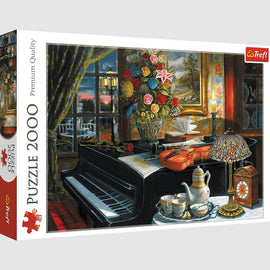 Trefl Sounds of Music jigsaw puzzle featuring a beautifully rendered scene of a grand piano adorned with a violin, sheet music, a vase of colorful flowers, and elegant tableware. The background shows a serene window view at dusk, enhancing the artistic composition of the puzzle. Perfect for puzzle enthusiasts looking for a 2000-piece challenge.