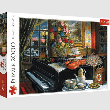Trefl Sounds of Music jigsaw puzzle featuring a beautifully rendered scene of a grand piano adorned with a violin, sheet music, a vase of colorful flowers, and elegant tableware. The background shows a serene window view at dusk, enhancing the artistic composition of the puzzle. Perfect for puzzle enthusiasts looking for a 2000-piece challenge.