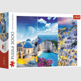 Trefl Greek Holidays jigsaw puzzle featuring stunning images of Greek landscapes, crystal-clear waters, and iconic architecture. This 3000-piece puzzle showcases vibrant colors and exquisite details, perfect for puzzle enthusiasts and those who love scenic views.