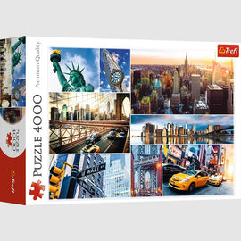Collage jigsaw puzzle featuring iconic New York landmarks, including the Statue of Liberty, Times Square, and the Brooklyn Bridge. Contains 4000 pieces and showcases vibrant city scenes.