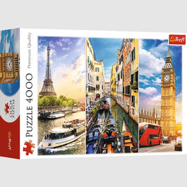Trip Around Europe jigsaw puzzle by Trefl featuring iconic landmarks such as the Eiffel Tower in Paris, canals of Venice, and Big Ben in London, with 4000 high-quality pieces for a challenging and engaging experience.