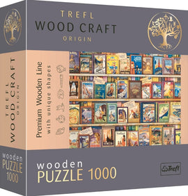 Trefl World Travel Guides wooden jigsaw puzzle box featuring a vibrant design of travel posters from various countries. The puzzle contains 1000 unique pieces and highlights destinations like London, Japan, and Italy, showcasing rich colors and intricate details.