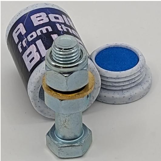 The product 'A Bolt from The Blue' features a realistic metallic bolt and nut design alongside a blue accent. It's packaged in a stylish container with the product name prominently displayed. This mechanical puzzle challenges users to disassemble and reassemble the bolt.