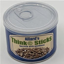 Allard's Think Sticks is a mechanical puzzle presented in a round, clear-lidded tin. The tin features a blue exterior with a label showcasing the product name and the phrase 'Burstin with goodness.' The contents are visible, revealing numerous metallic sticks inside, designed to challenge and engage users mentally.
