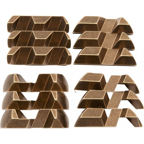 A set of intricately designed mechanical puzzle pieces by Two Brass Monkeys, featuring a bronze finish with angular shapes and varying heights. This mechanical puzzle engages users in solving challenging configurations, perfect for enthusiasts and puzzle lovers.