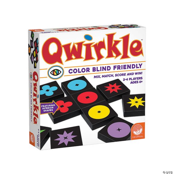 The Qwirkle game box designed for color blind players, featuring brightly colored tiles with various shapes. The box displays the title 'Qwirkle' prominently, with subtext highlighting gameplay instructions. The game is suitable for 2-4 players aged 6 and up.