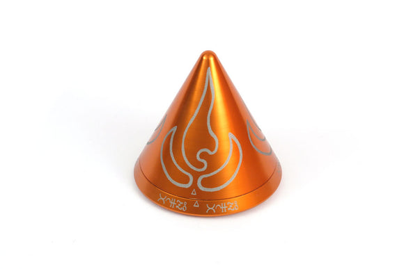 The Elemental Puzzle: Fire is a striking mechanical puzzle designed by Pyro Puzzles. It features a vibrant orange conical shape, embellished with intricate silver flame designs and mystical symbols, making it an eye-catching addition for any puzzle enthusiast.