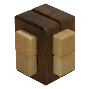 Four in the Vise mechanical puzzle by Mr. Puzzle, featuring a wooden cube with intricate multiple pieces. The design showcases a combination of dark and light wood, with grooves and symmetrical shapes that create a challenging puzzle experience. Ideal for enthusiasts of mechanical puzzles seeking a unique and engaging challenge.