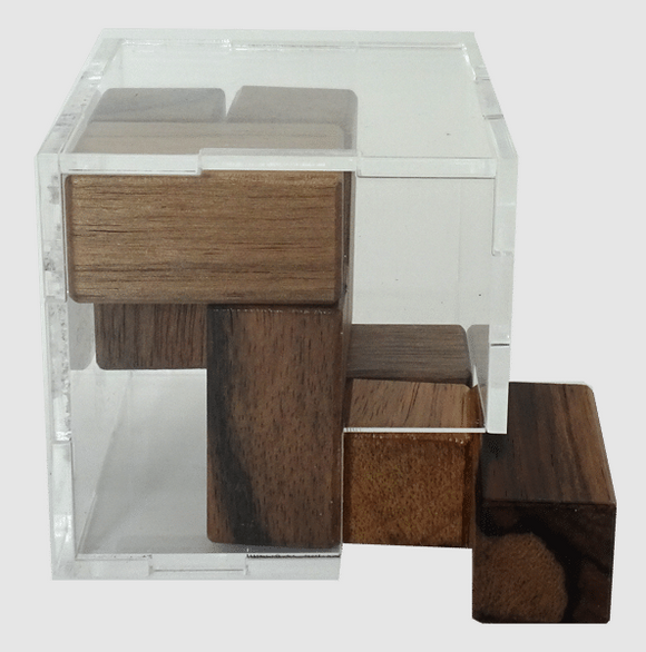 Rollercoaster mechanical puzzle by Mr. Puzzle, featuring an interlocking design made of smooth wooden blocks in varying shades of brown. The puzzle is encased in a transparent box, showing pieces both inside and outside the container, inviting players to solve the challenge.