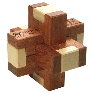 Stepping Burr puzzle by Mr. Puzzle, featuring a complex interlocking design with wooden components of different colors. Ideal for brain workouts and problem-solving enthusiasts.