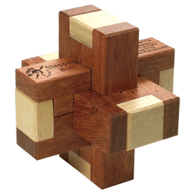 Stepping Burr puzzle by Mr. Puzzle, featuring a complex interlocking design with wooden components of different colors. Ideal for brain workouts and problem-solving enthusiasts.
