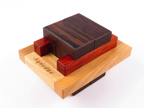 The Aqueduc mechanical puzzle by Pelikan Puzzles features an intricate design made of various types of wooden blocks in different colors and textures. The puzzle showcases a combination of dark and light woods, arranged in a geometric pattern, highlighting craftsmanship and creativity. Perfect for puzzle enthusiasts who enjoy challenges and tactile experiences.