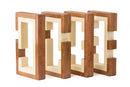 Rota mechanical puzzle by Pelikan Puzzles, featuring intricately designed wooden pieces. The puzzle displays a combination of dark brown and light wood, showcasing unique shapes that interlock, providing a challenging and engaging experience for puzzle enthusiasts.