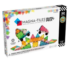 The Grand Prix Magna Tiles 50 piece set by Magna Tiles features colorful translucent tiles suitable for creative building and STEM learning. Includes two wheeled chassis for constructing vehicles, encouraging imaginative play and hands-on learning for ages 3 and up.