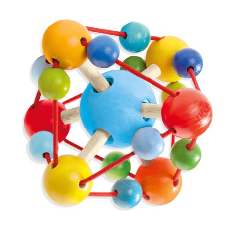 Colorful Grasping Toy Tirili by Haba, featuring a variety of vibrant wooden balls connected by flexible rods in a geometric design, ideal for sensory play and fine motor skill development.