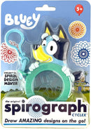 Bluey Spirograph Keychain by PlayMonster, a colorful DIY kit featuring Bluey the dog character. The keychain allows users to create intricate designs on the go, perfect for kids aged 5 and up. The packaging showcases vibrant graphics and highlights the fun creative aspect of the spirograph.