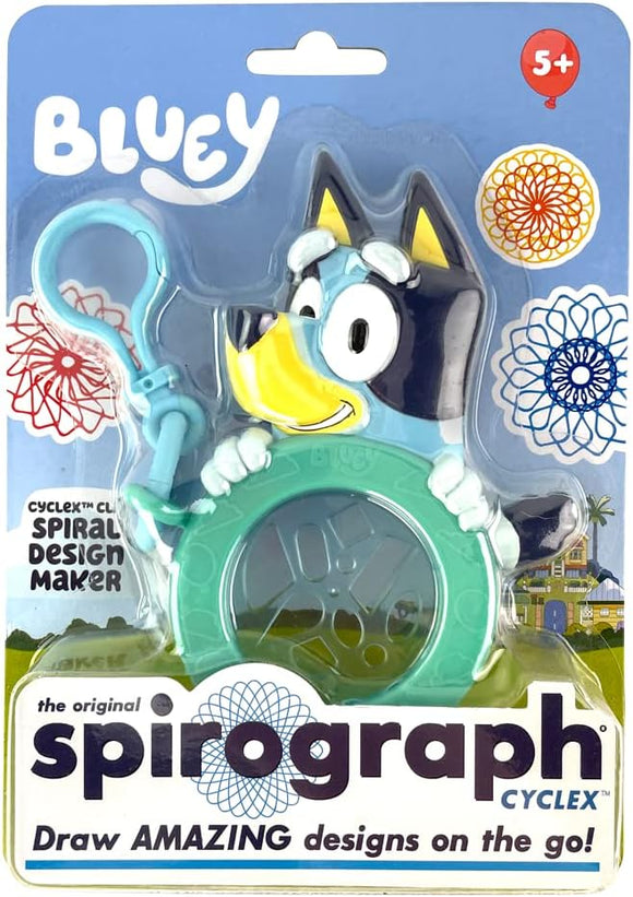 Bluey Spirograph Keychain by PlayMonster, a colorful DIY kit featuring Bluey the dog character. The keychain allows users to create intricate designs on the go, perfect for kids aged 5 and up. The packaging showcases vibrant graphics and highlights the fun creative aspect of the spirograph.