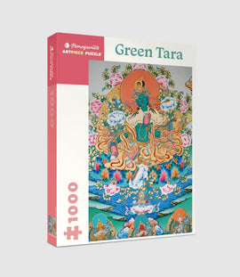 The Green Tara jigsaw puzzle by Pomegranate features an intricate depiction of the Green Tara deity surrounded by vibrant flowers and ornamental details. The puzzle consists of 1000 pieces and comes in a decorative box showcasing the artwork.