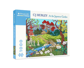 At The Japanese Garden jigsaw puzzle by Pomegranate featuring a vibrant, colorful scene of a serene Japanese garden with a bridge, flowers, and lush greenery, created by artist CJ Hurley. The puzzle consists of 1000 pieces, promising hours of fun and relaxation while you piece together this beautiful artwork.