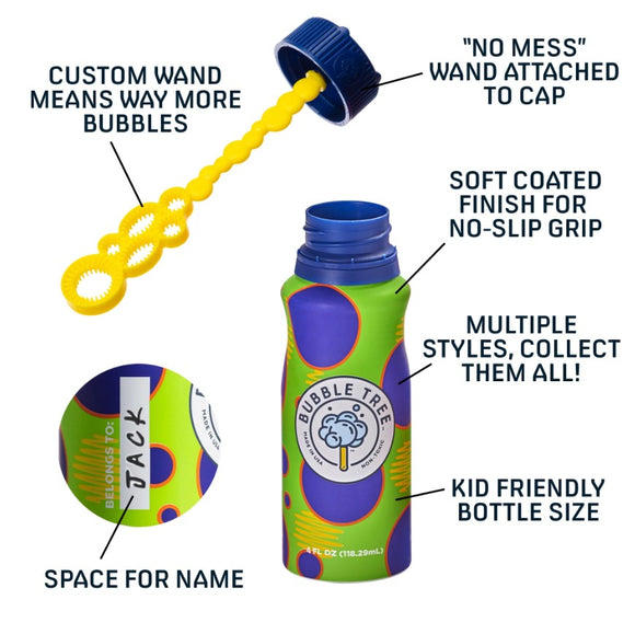 A colorful bubble solution bottle from Bubble Tree with a bright green and purple design. The cap features a custom bubble wand that creates more bubbles with a no-mess attachment. The bottle has a soft-coated finish for easy gripping, a space for personalization with a name, and is designed to be kid-friendly. The bottle is 4 fl oz, promoting fun bubble play and available in multiple styles.