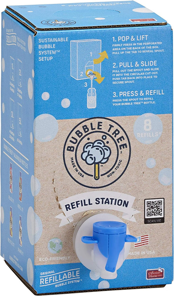 Bubble Refill by Bubble Tree, featuring a sustainable bubble system setup. The box includes instructions for using the pop-up spout to refill your bubble bottle. It highlights eco-friendliness and includes visuals for easy usage. Designed for 8 refills.