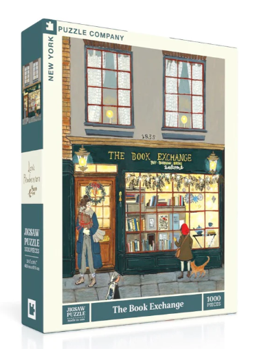 The Book Exchange jigsaw puzzle by New York Puzzle Company features a charming bookstore scene with a woman and child outside, browsing through the window filled with books. The store facade is detailed, showcasing warm lighting and a cozy atmosphere, perfect for puzzle lovers and book enthusiasts alike. This 1000-piece jigsaw puzzle provides a delightful challenge for adults and families.