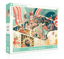 The 'Unboxing Christmas' jigsaw puzzle by New York Puzzle Company features a vibrant and intricate holiday scene filled with festive decorations, Christmas characters, and a whimsical atmosphere. This 1000-piece puzzle showcases a colorful artwork that captures the joy of the holiday season, inviting puzzlers to indulge in a delightful and immersive experience.