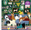 Vibrant jigsaw puzzle illustration featuring a playful gathering of various dog breeds in a cozy living room setting. Dogs are engaged in various activities, surrounded by quirky framed pictures on the walls, showcasing a fun and colorful theme perfect for dog lovers. The puzzle consists of 500 pieces, ideal for family game nights or solo relaxation.