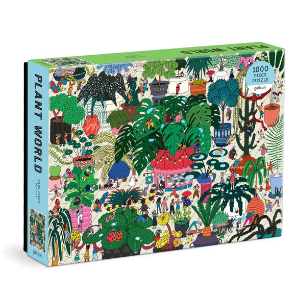 Plant World jigsaw puzzle box by Galison featuring a vibrant illustration teeming with various plants, flowers, and playful characters. The colorful artwork showcases a tropical paradise with lush greenery and decorative pots, perfect for puzzle lovers and nature enthusiasts. This 1000-piece puzzle is designed to provide hours of engaging fun.