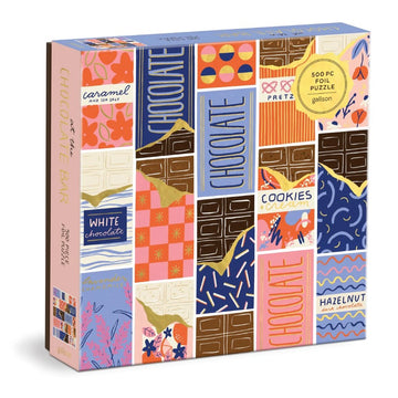 The At the Chocolate Bar Foil Puzzle by Galison features a colorful and whimsical design showcasing various chocolate bars, including flavors like caramel, hazelnut, and cookies & cream. This 500-piece jigsaw puzzle is beautifully illustrated with bright colors and playful patterns, perfect for chocolate lovers and puzzle enthusiasts.