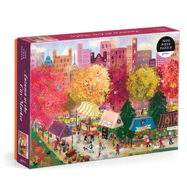 The jigsaw puzzle titled 'Autumn at the City Market' by Galison features a vibrant autumn scene in a city market, depicting colorful trees, festive stalls, and bustling people enjoying the fall ambiance. The puzzle includes 1000 pieces and showcases detailed artwork that captures the essence of a lively market during autumn.