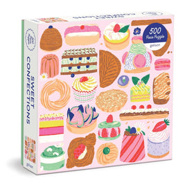 Sweet Confections jigsaw puzzle by Galison featuring a delightful assortment of desserts and sweets, including cupcakes, cakes, and pastries in vibrant colors. The puzzle consists of 500 pieces, showcasing intricate illustrations that invite puzzle enthusiasts to indulge their creativity and enjoy a fun and relaxing activity.