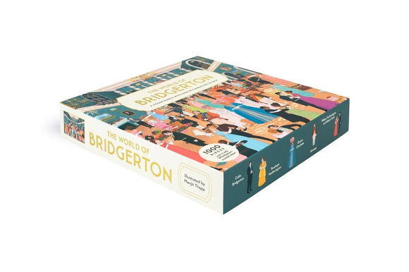 The World of Bridgerton jigsaw puzzle box featuring colorful illustrations of characters in Regency attire. Includes 1000 pieces with unique designs inspired by the popular series.
