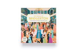 The World of Bridgerton jigsaw puzzle by Laurence King Publishing, featuring intricate illustrations of a lively ballroom scene with multiple characters dressed in Regency-era attire. The box displays the title prominently and indicates it's a 1000-piece puzzle with a challenge to spot over 30 characters.