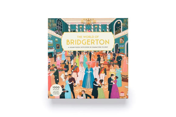 The World of Bridgerton jigsaw puzzle by Laurence King Publishing, featuring intricate illustrations of a lively ballroom scene with multiple characters dressed in Regency-era attire. The box displays the title prominently and indicates it's a 1000-piece puzzle with a challenge to spot over 30 characters.