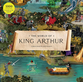 The World of King Arthur jigsaw puzzle featuring a colorful illustration of iconic Arthurian legends, including knights in battle, mythical creatures, and a serene landscape. The puzzle contains 1000 pieces and comes with a guide to the legends.